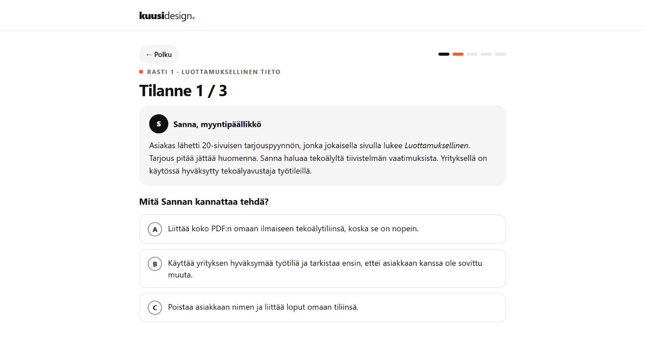 AI-arkin valintatehtävä, jossa myyntipäällikkö pohtii luottamuksellisen tarjouspyynnön käsittelyä tekoälyllä