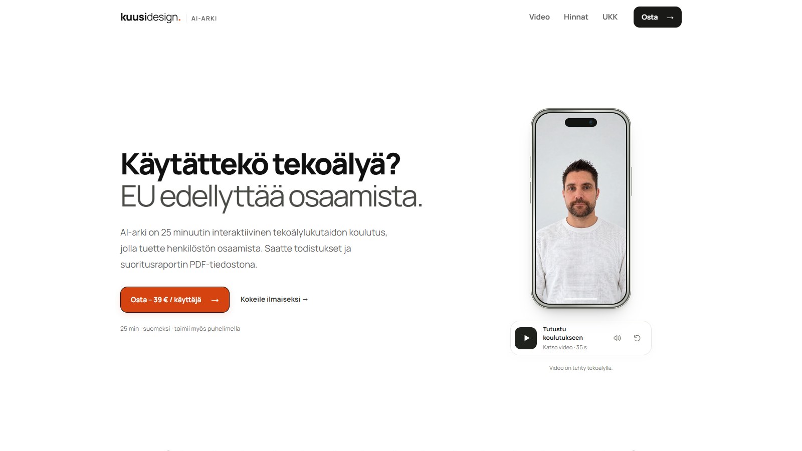 AI-arki training landing page introducing the course and a digital avatar inside a phone