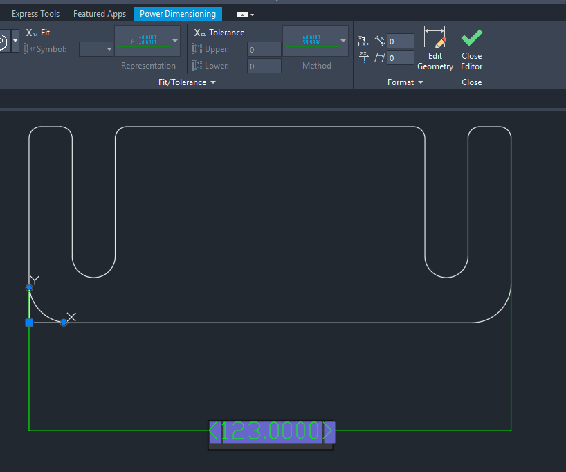 Two-dimensional cutting profile of the shim plate with a 123-millimetre dimension in CAD software