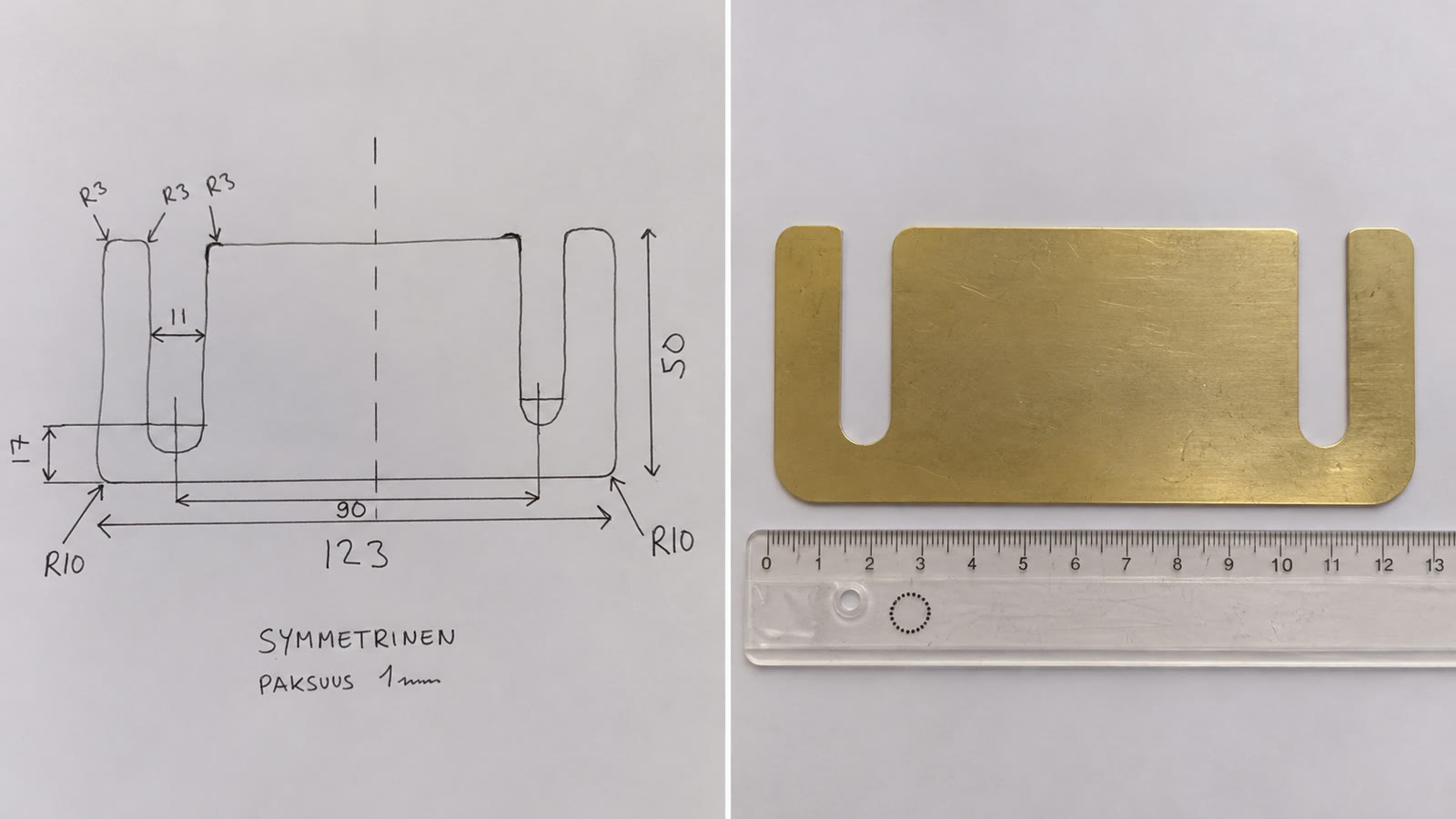 Side-by-side comparison of a hand-drawn shim plate sketch and the finished laser-cut part