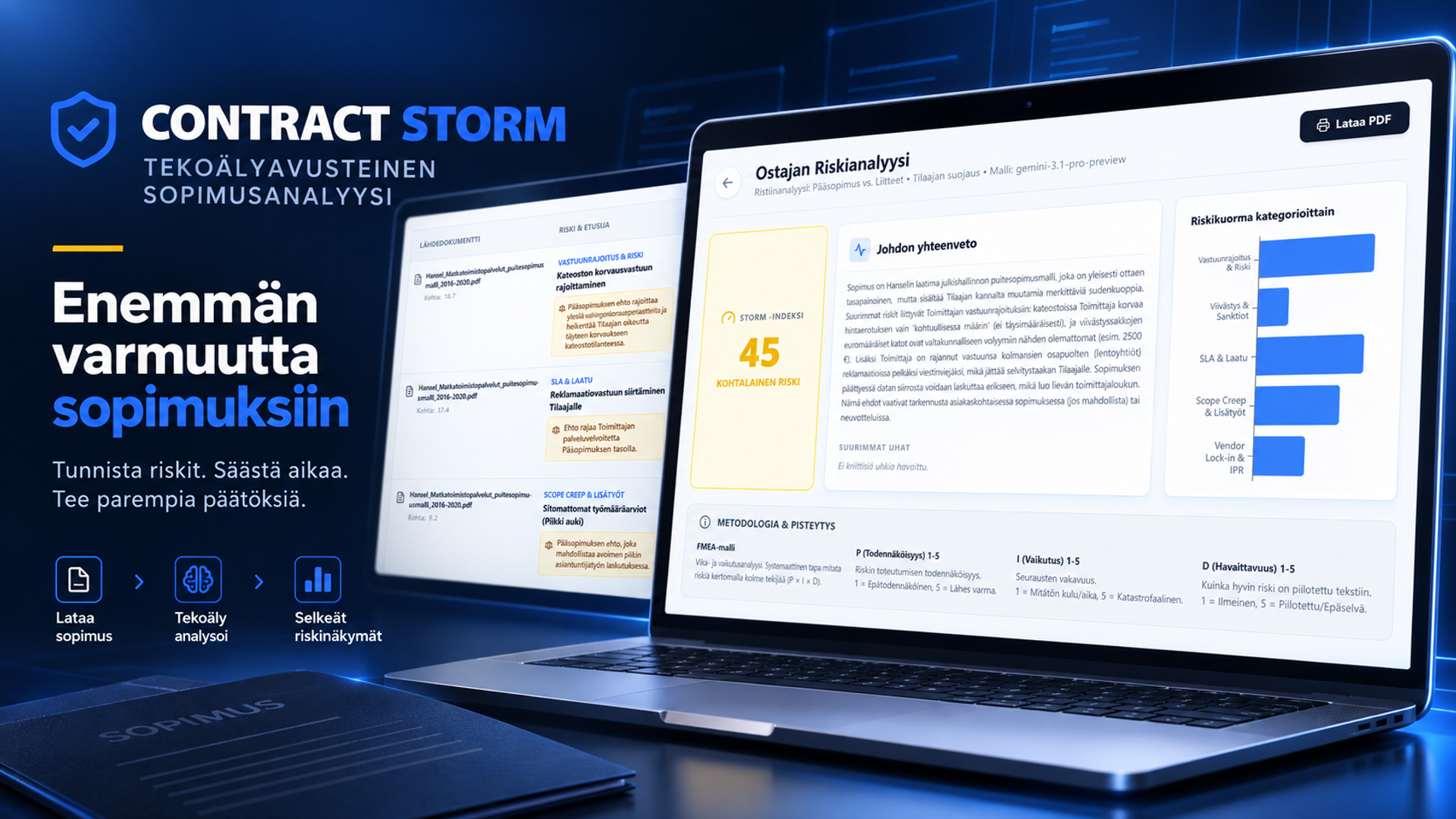 ContractStorm-tunnuskuva: "Enemmän varmuutta sopimuksiin" ja työnkulku lataa sopimus, tekoäly analysoi, selkeät riskinäkymät