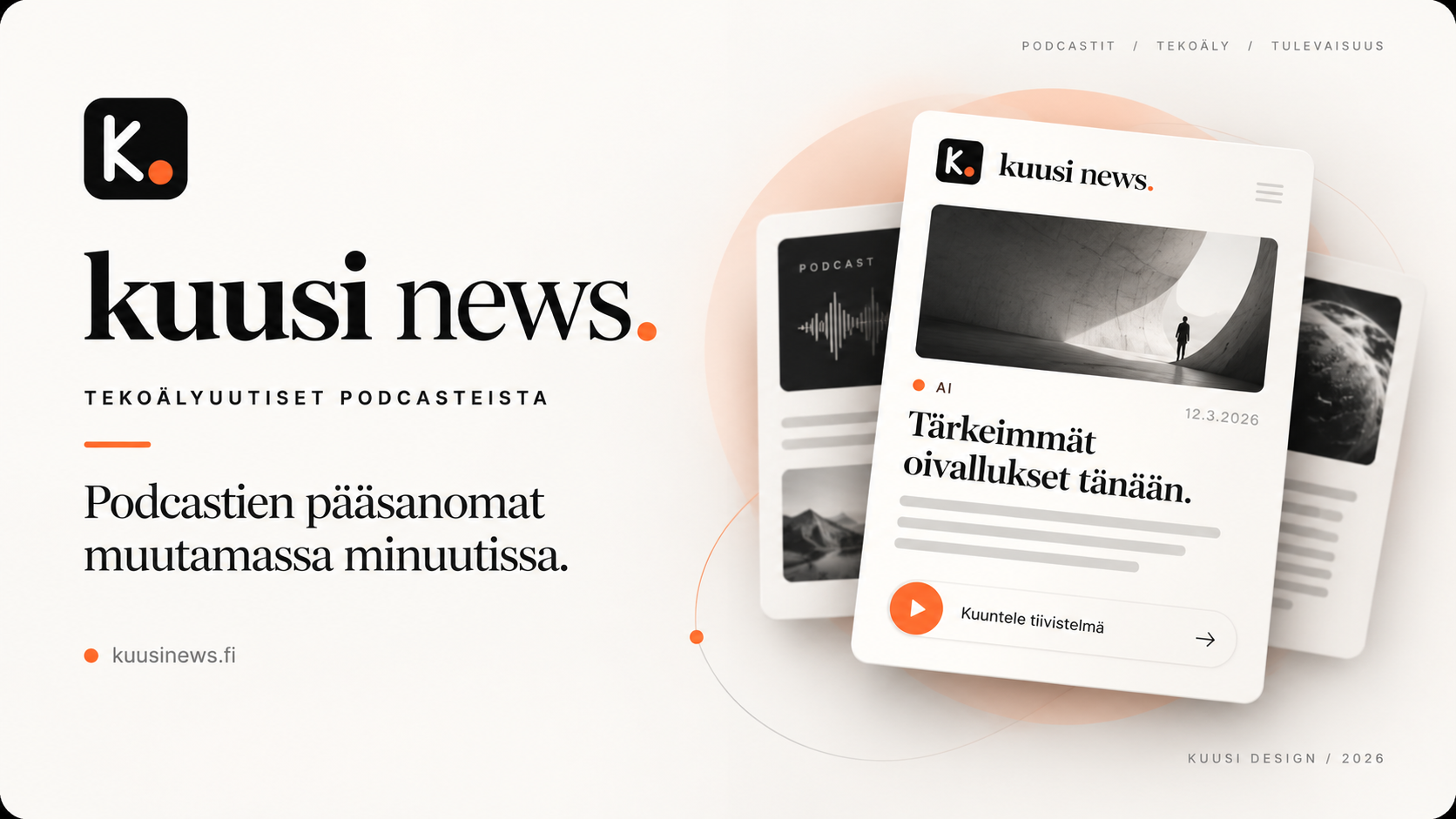 Kuusi News -tunnuskuva: kuusi news -sanamerkki ja tekstiote "Podcastien pääsanomat muutamassa minuutissa"