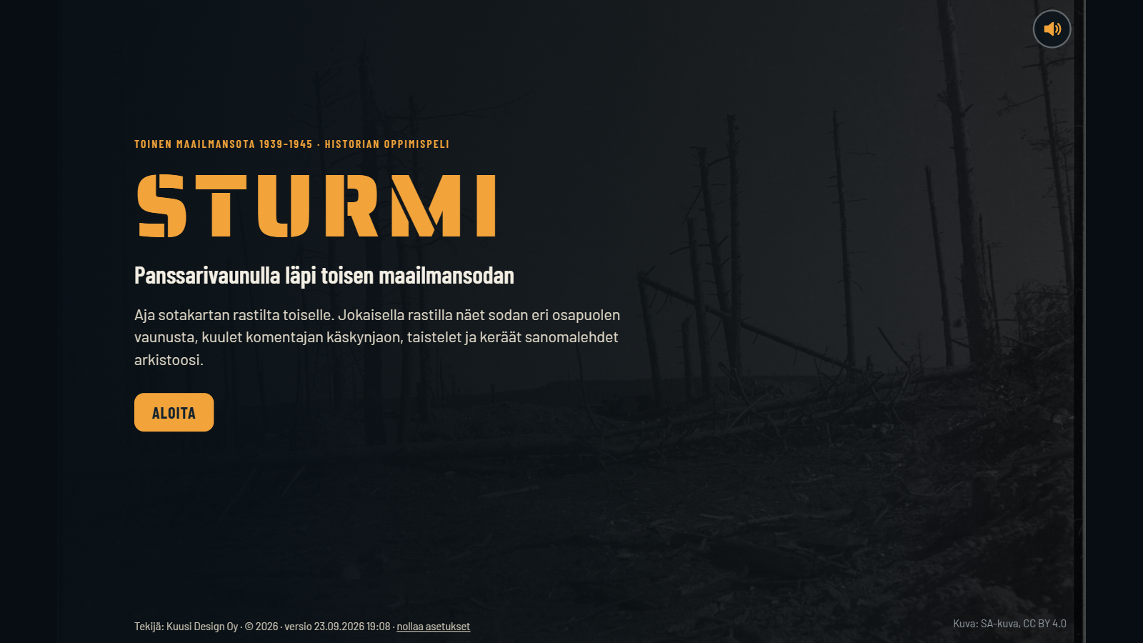 Sturmi-oppimispelin aloitusnäkymä: panssarivaunulla läpi toisen maailmansodan