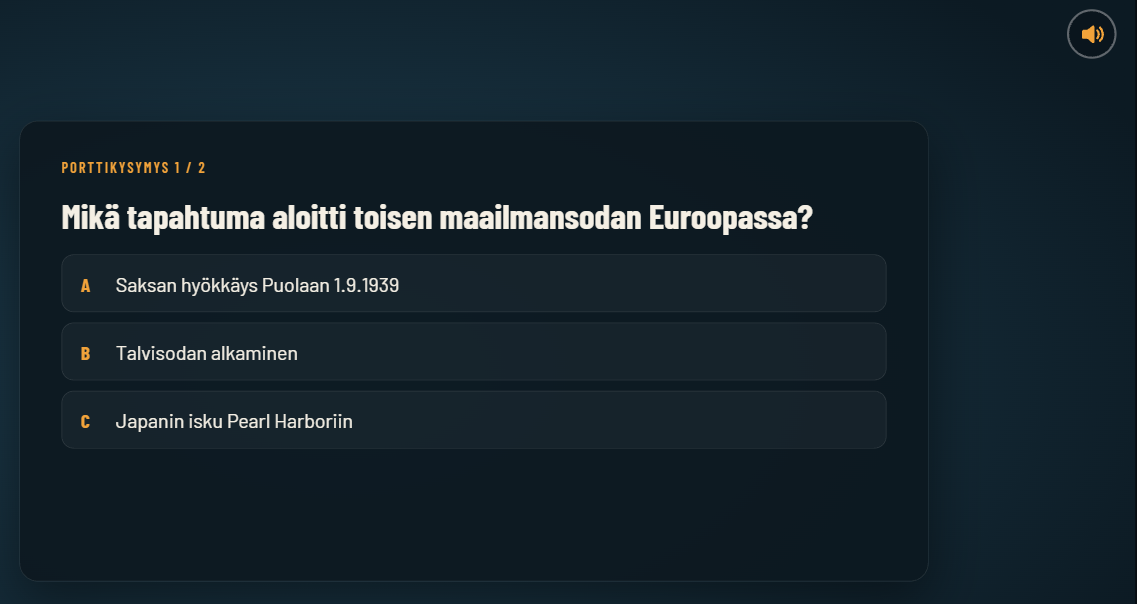 Sturmi-pelin monivalintakysymys toisen maailmansodan alkamisesta Euroopassa