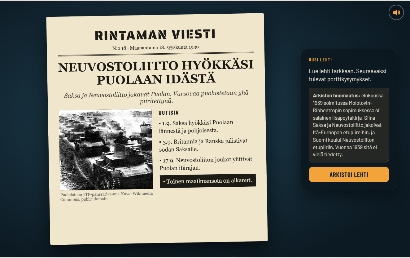 Rintaman Viesti -sanomalehti Puolan tapahtumista syyskuussa 1939