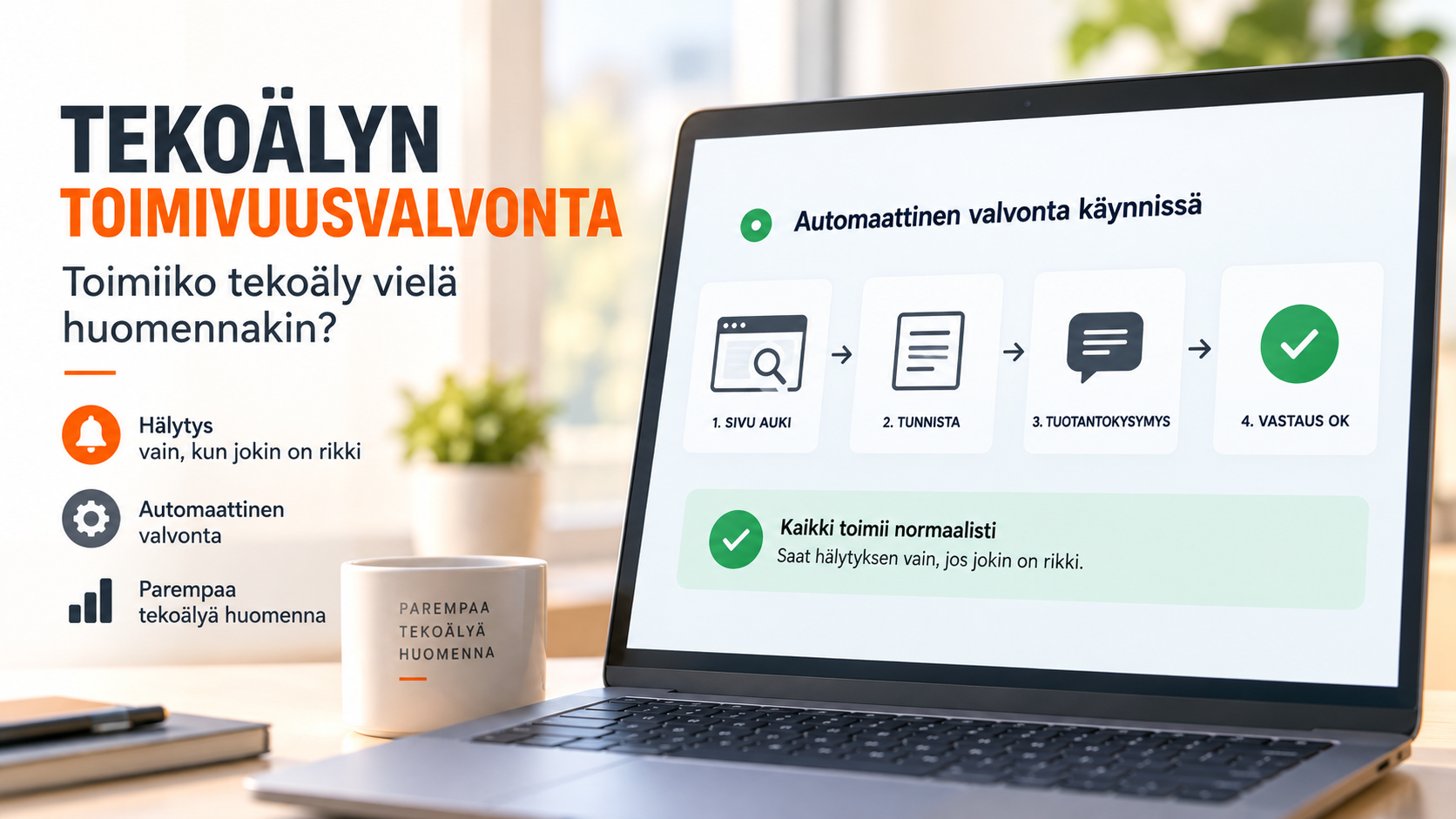 Tekoälyn toimivuusvalvonta -tunnuskuva: nelivaiheinen automaattitarkistus ja esimerkki tuotantohäiriön havaitsemisesta ja korjaamisesta