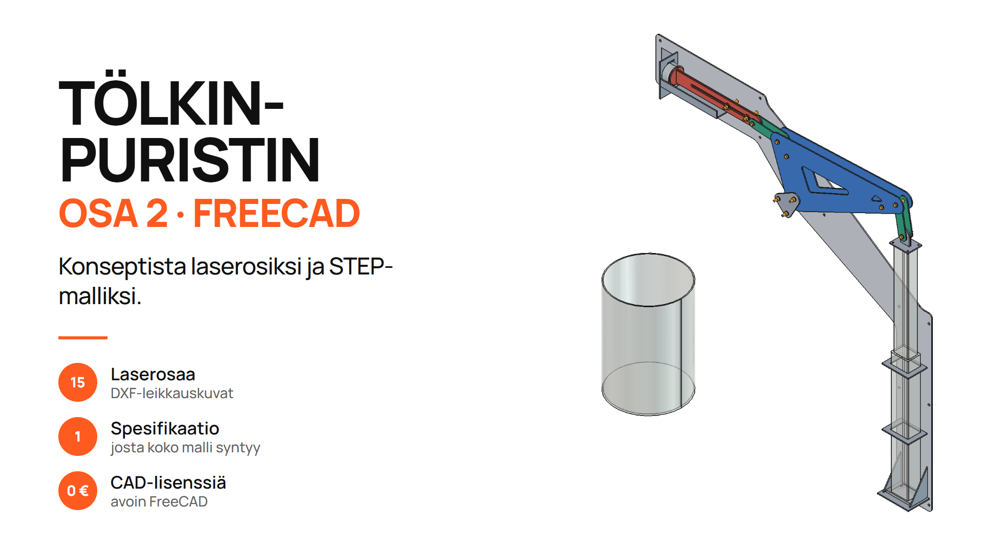 Tölkinpuristimen FreeCAD-malli: harmaa runkolevy, sininen kulmavipu, vihreät välitangot ja punainen mäntälevy